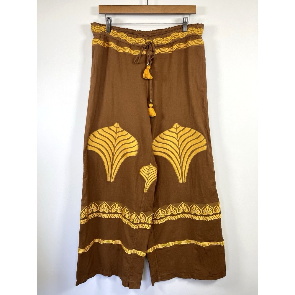 Nema Resort Wear Womens‎ Embroidered Wide Leg Pants Size M Brown Vacation Resort